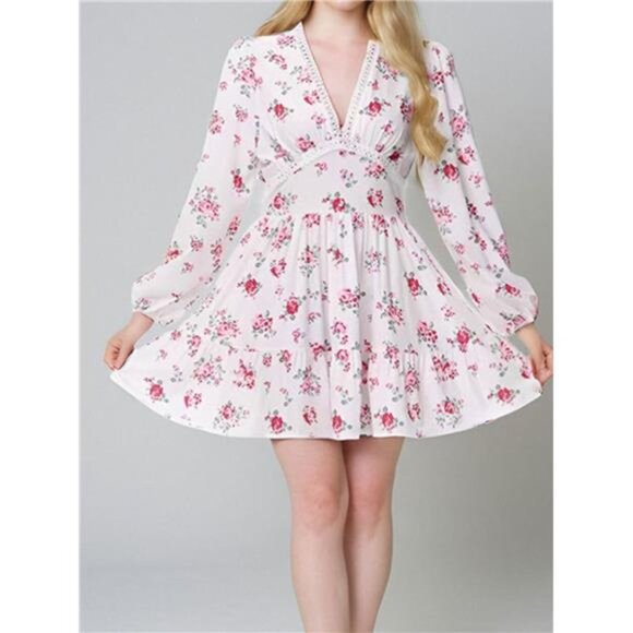 Full Size Floral V-Neck Long Sleeve Mini Dress Plus Size - Picture 3 of 7